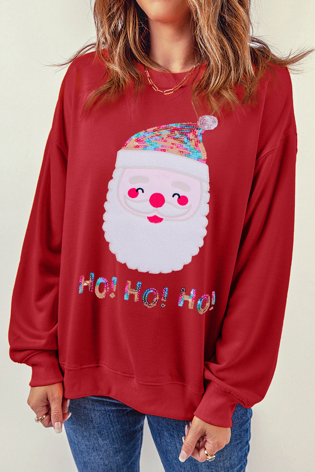 Red Christmas Santa Claus Print Drop Shoulder Sweatshirt