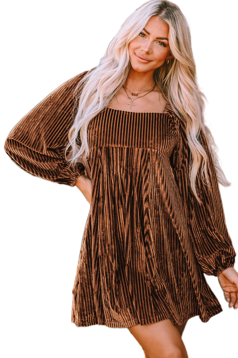 Chestnut Smocked Ribbed Velvet Babydoll Top