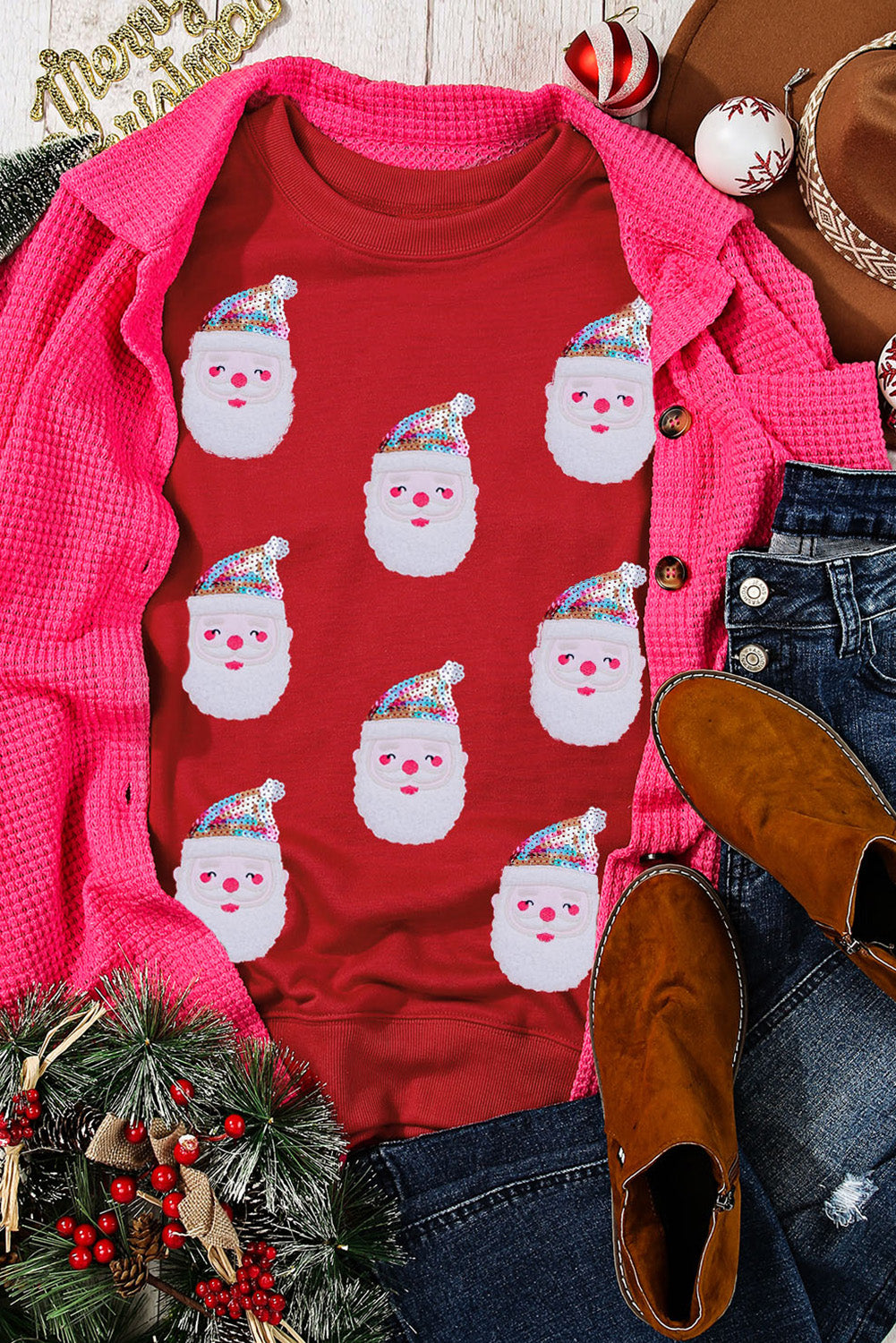 Red Christmas Santa Claus Print Drop Shoulder Sweatshirt