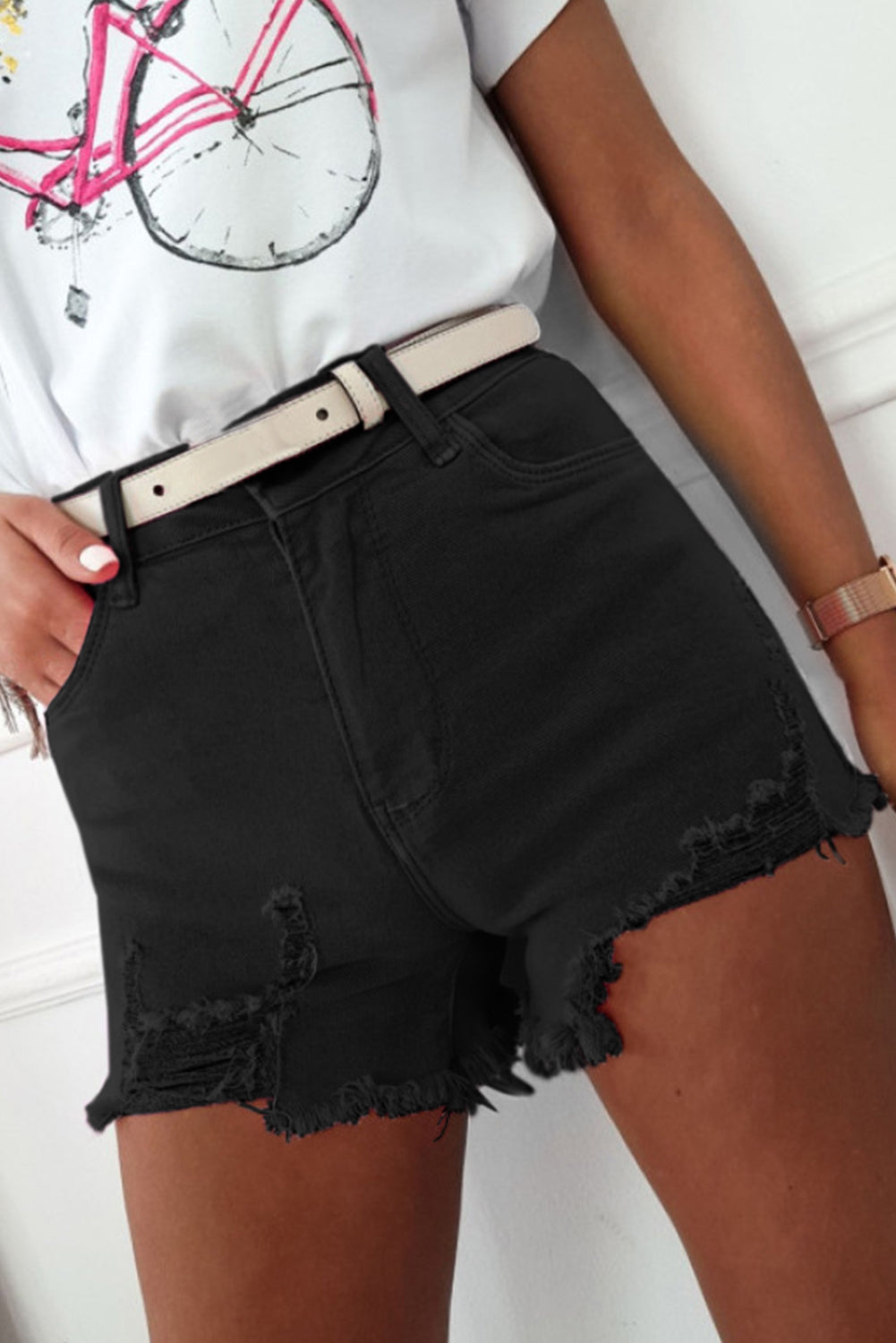 White Solid Color Distressed Denim Shorts