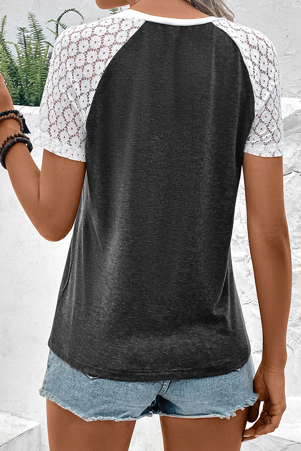 Gray Color Block Lace Patchwork Short Sleeve T Shirt