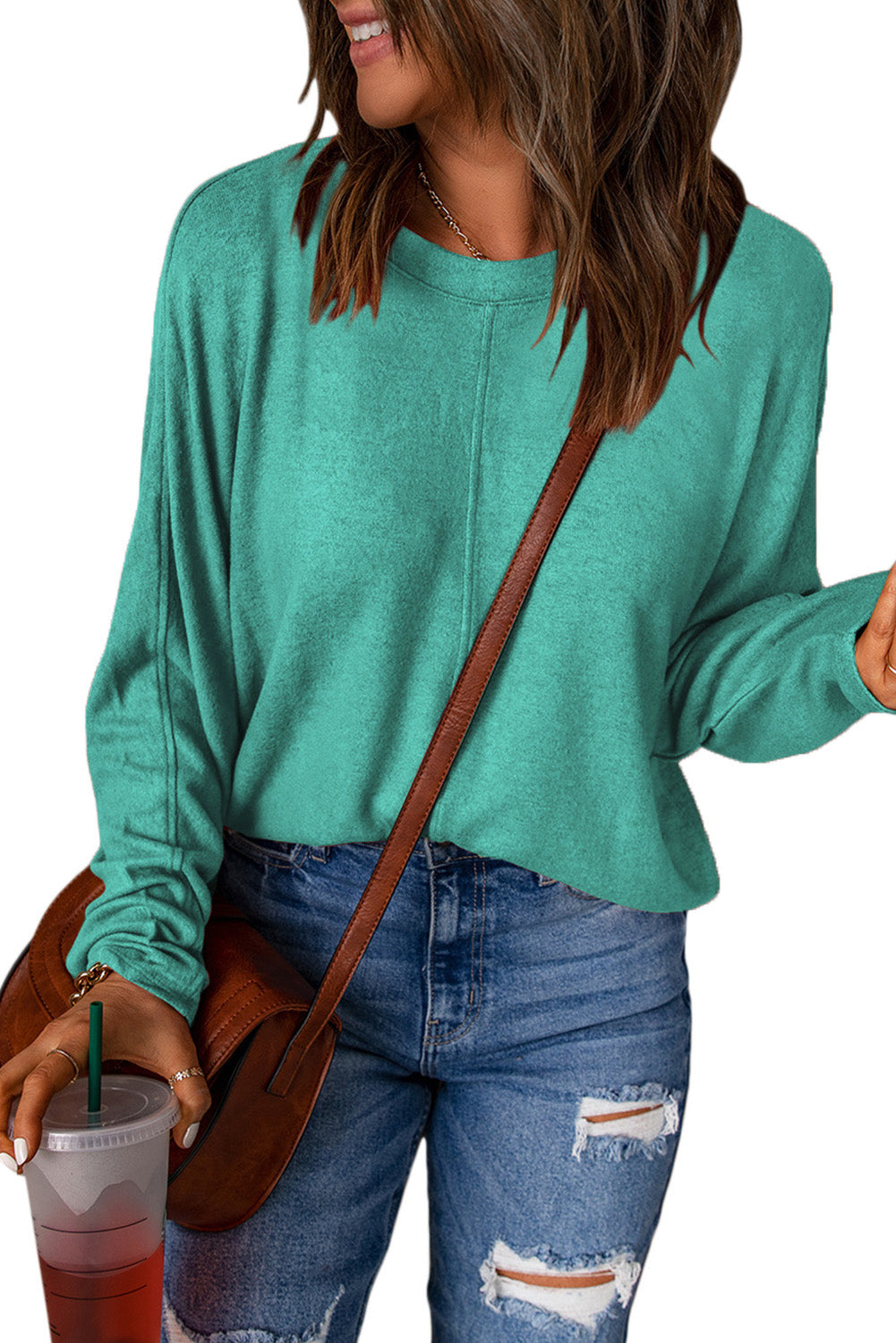 Red Sandalwood V Neck Center Seam Long Sleeve Tee