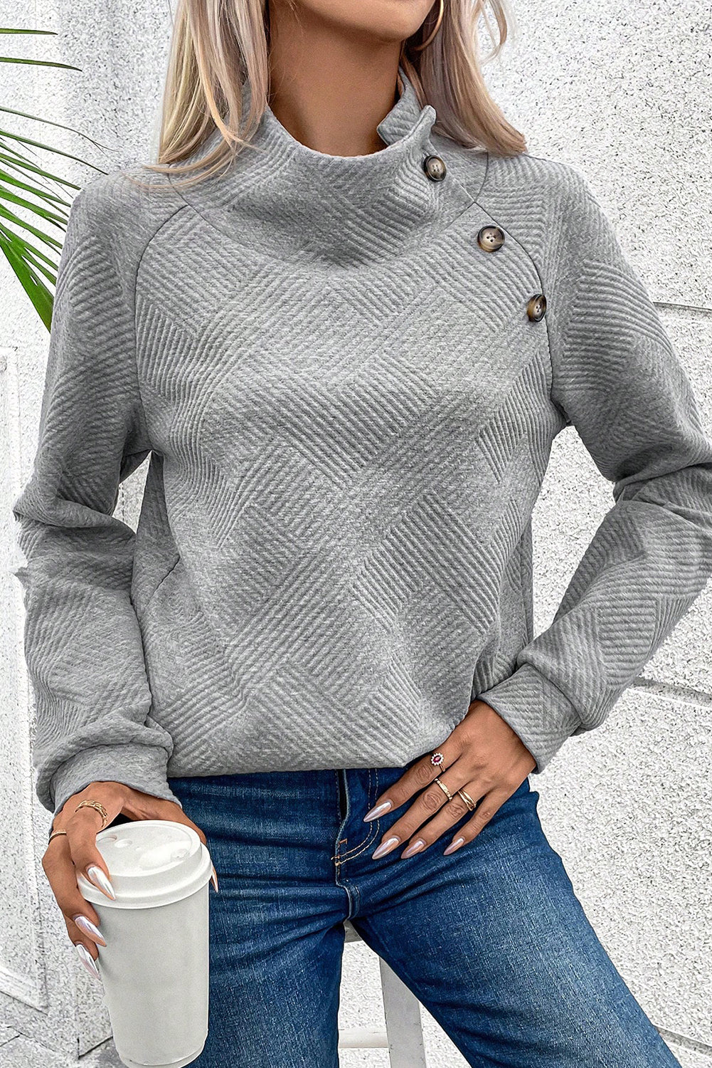 Light Grey Textured Snap Buttons Pullover Plus Size Sweatshirt