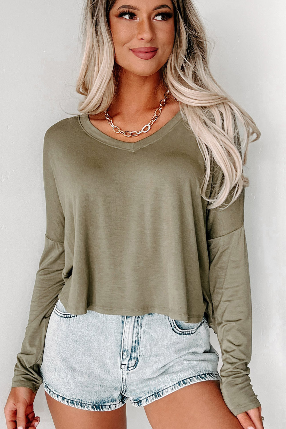 Sandalwood Loose V Neck Dropped Long Sleeve Top