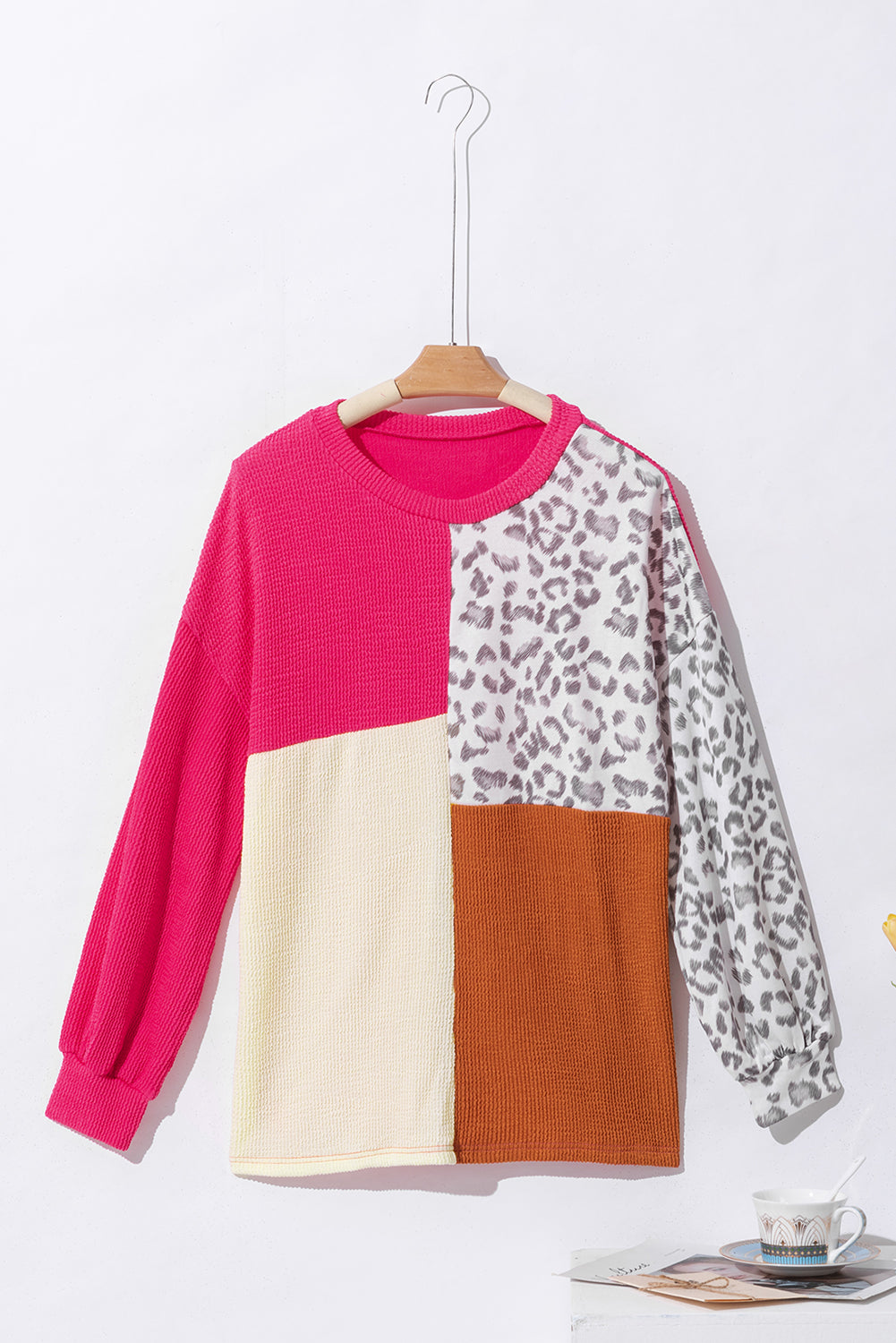 Khaki Leopard Patchwork Color Block Ribbed Long Sleeve Top