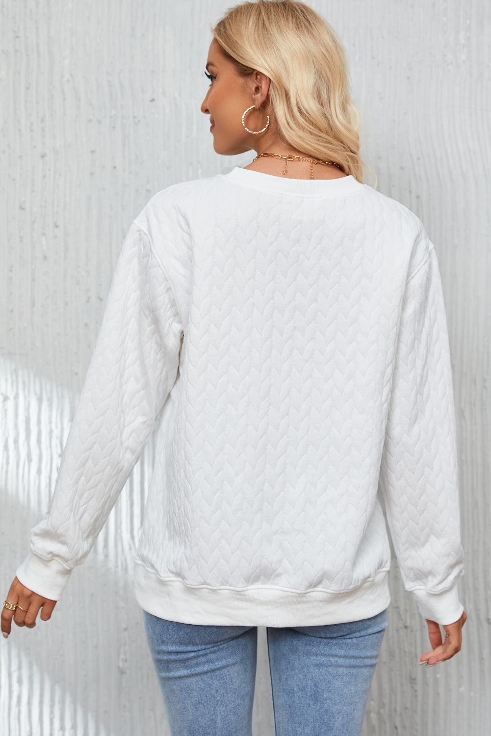 White LUCKY Chenille Embroidered Cable Knit Pullover Sweatshirt