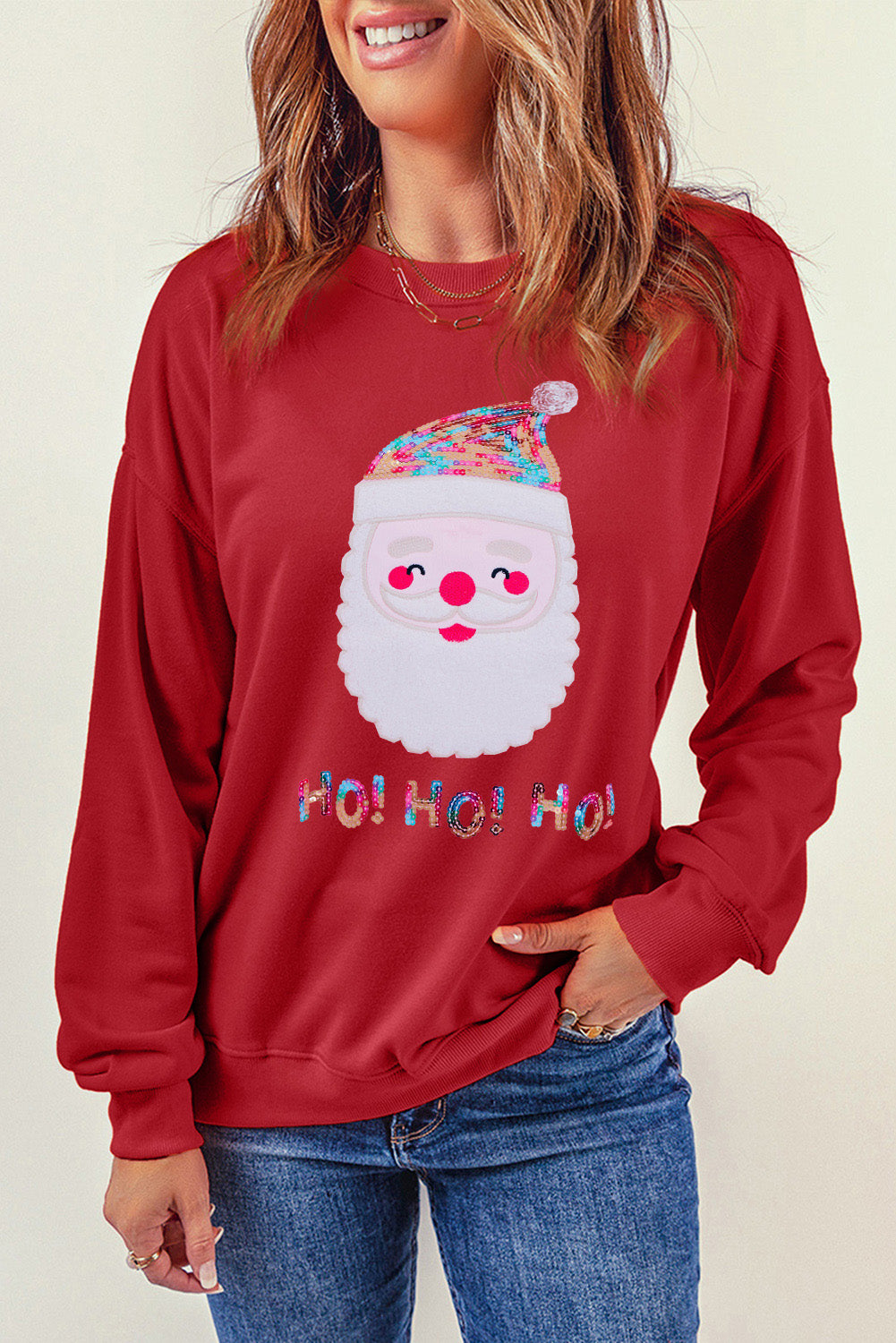 Red Christmas Santa Claus Print Drop Shoulder Sweatshirt