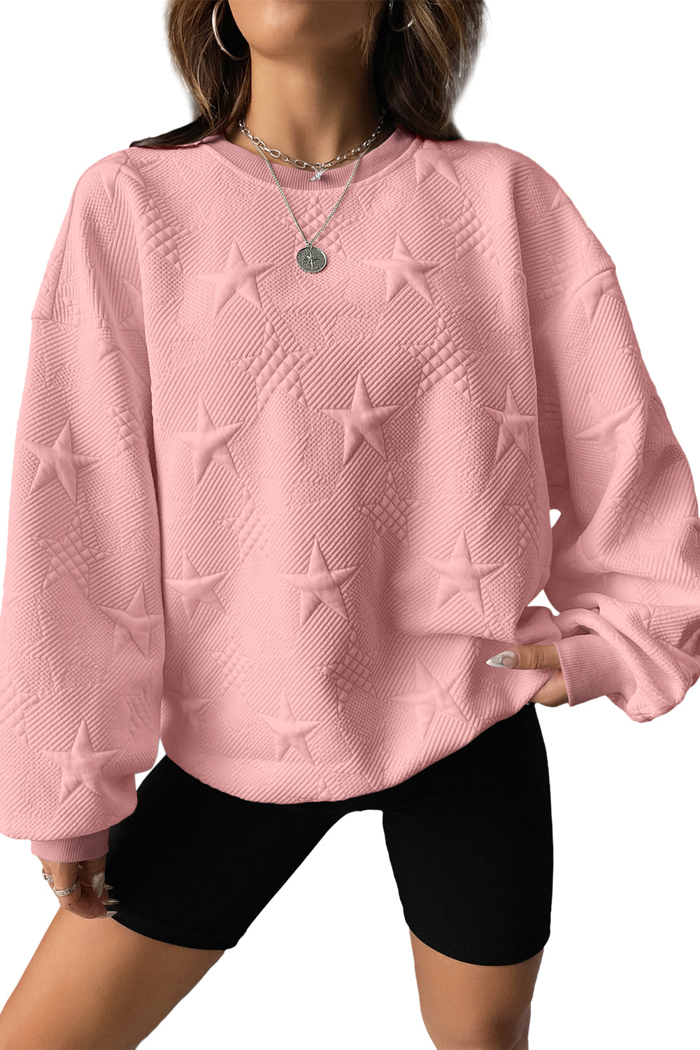 Peach Blossom Star Embossed Textured Drop Shoulder Sweatshirt