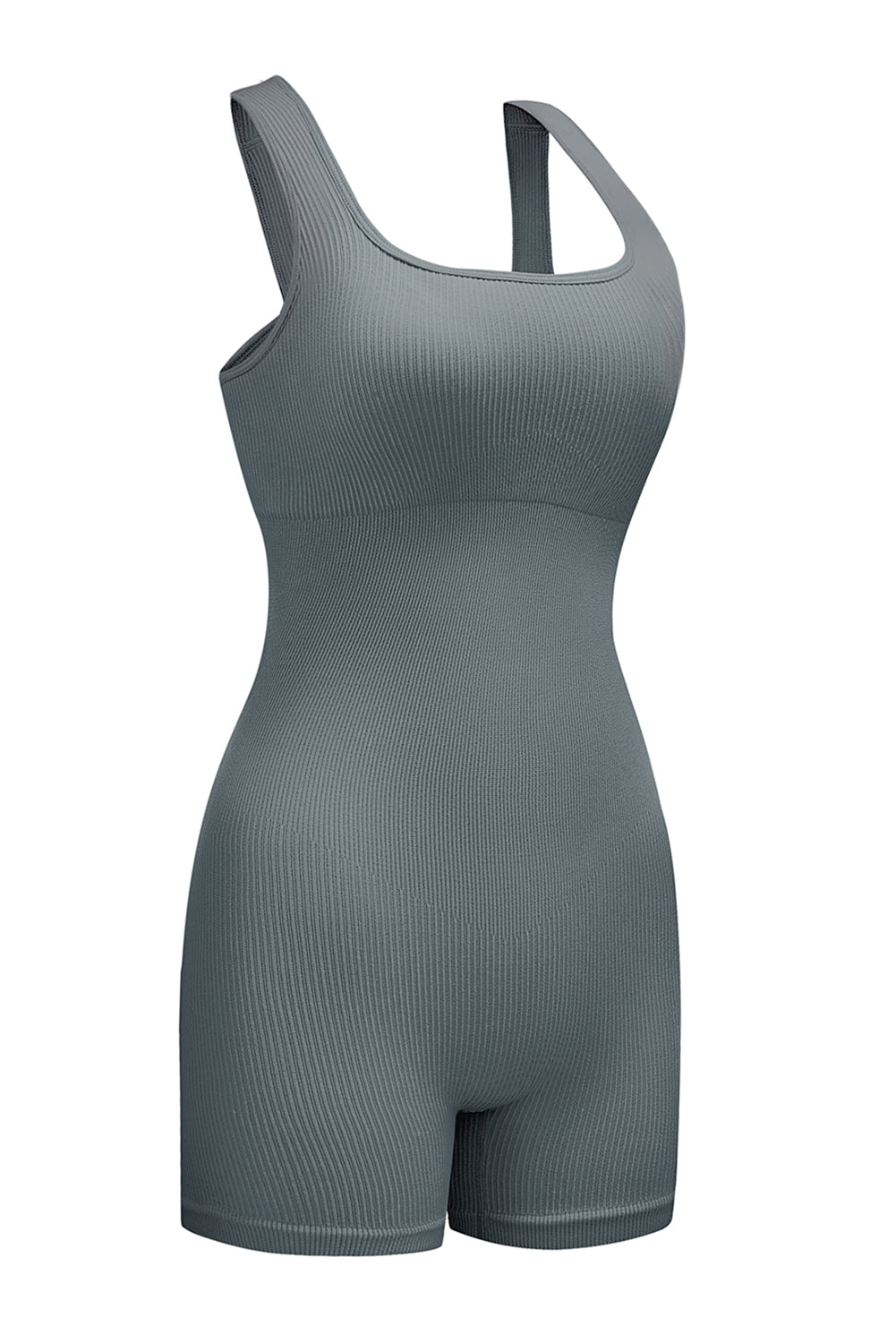 Black Ribbed Square Neck Padded Sports Romper