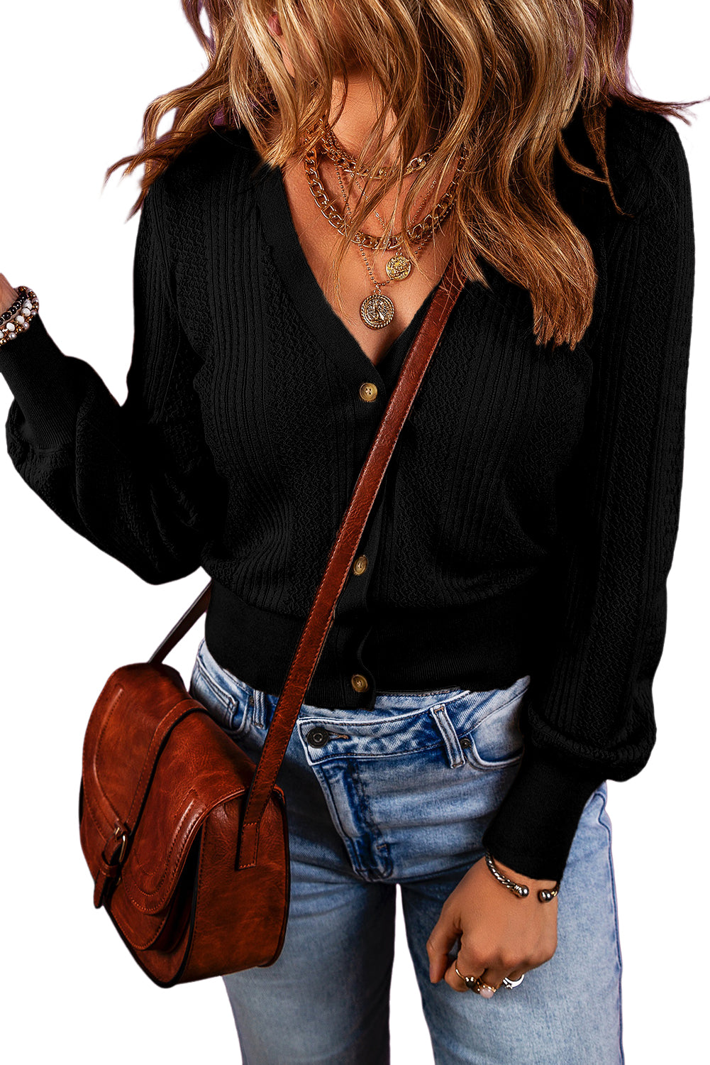 Black V Neck Buttoned Textured Sweater Cardigan