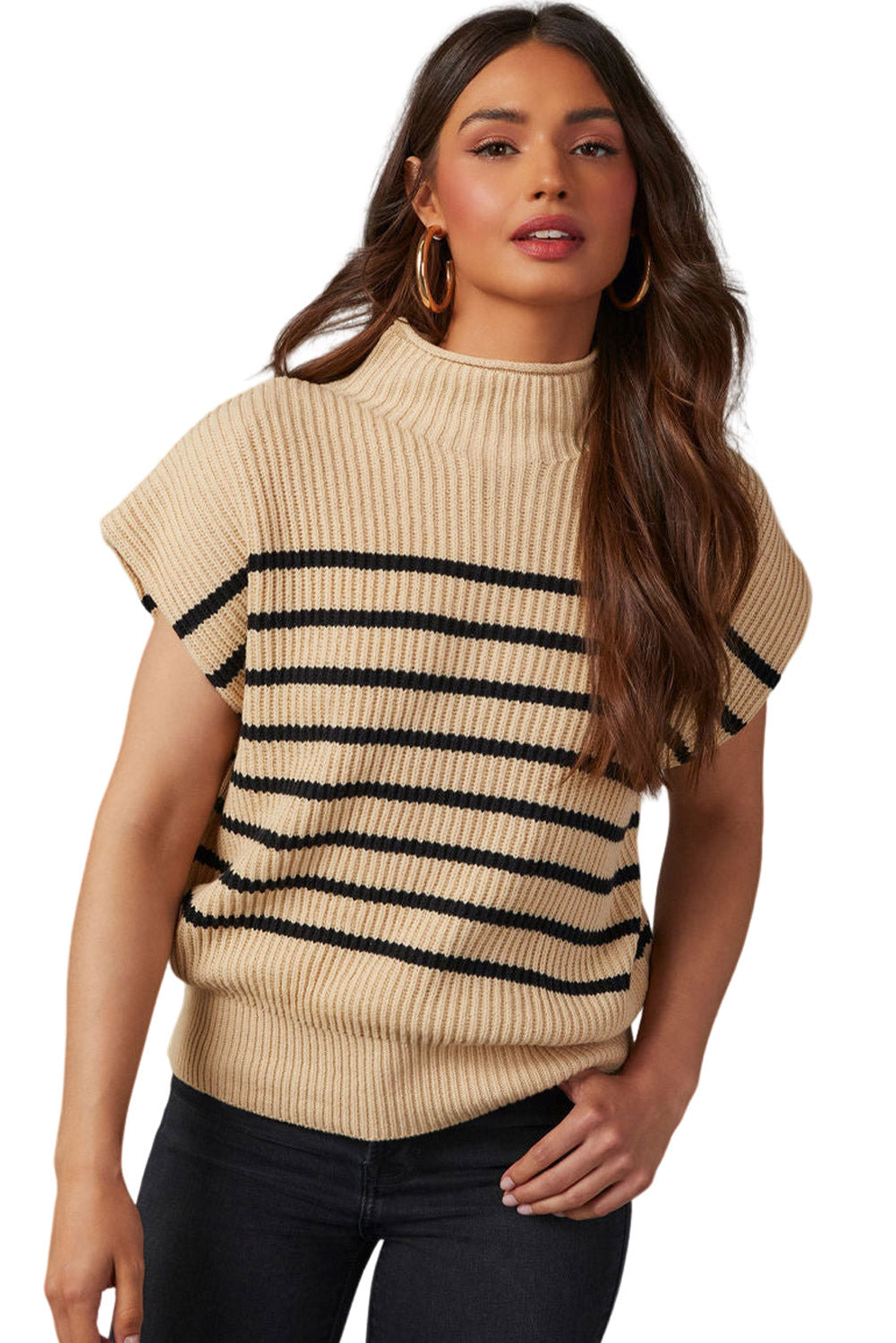 Parchment Striped Ribbed Knit High Neck Sweater