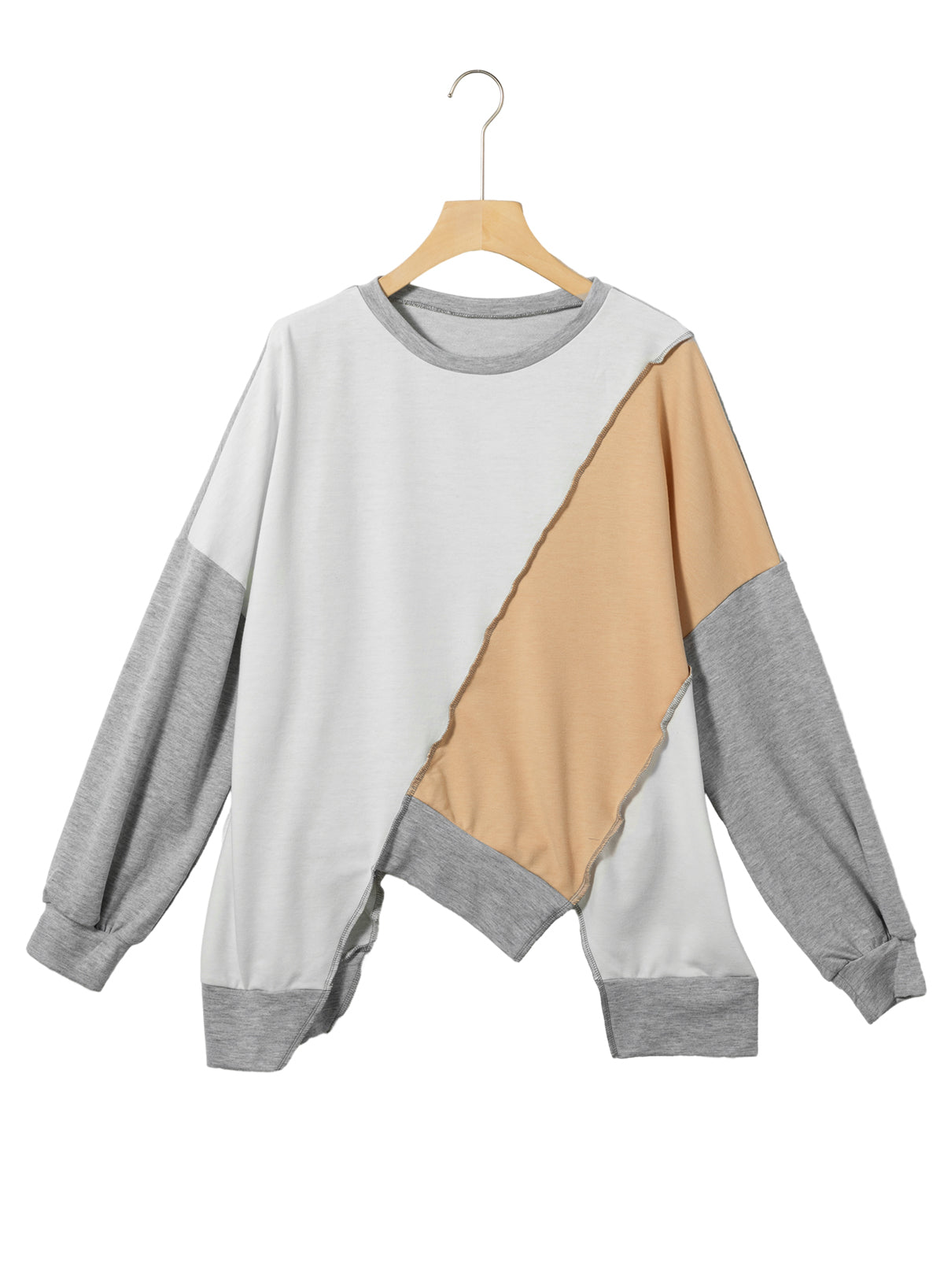 Khaki Colorblock Stitching Irregular Hem Long Sleeve Top