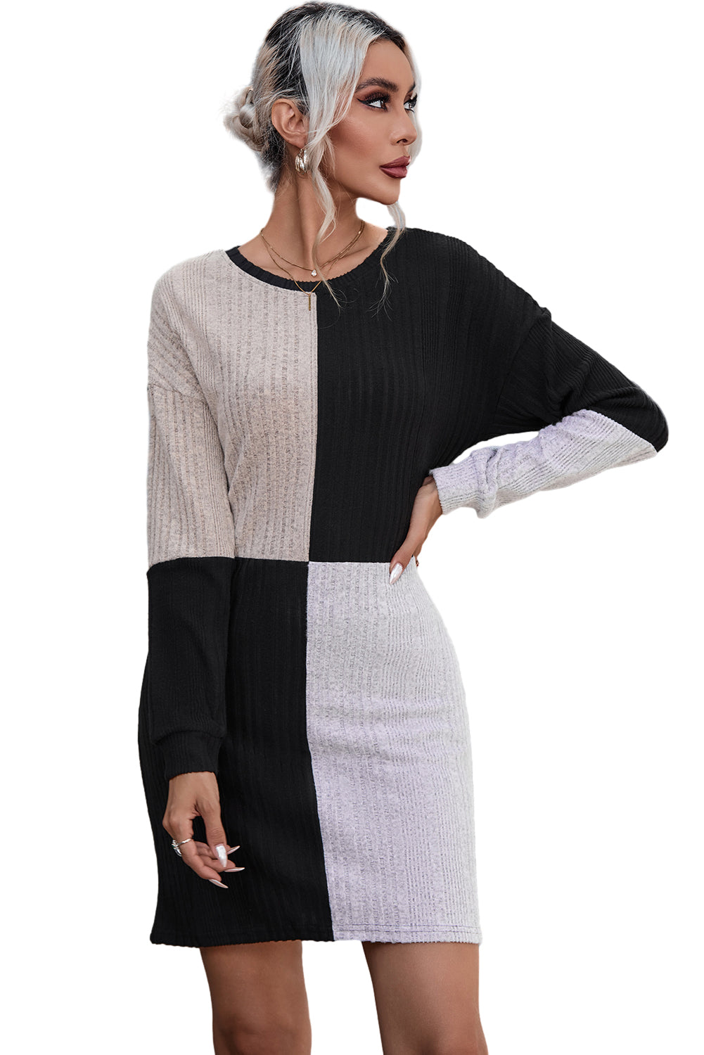 Black Colorblock Textured Knit Top