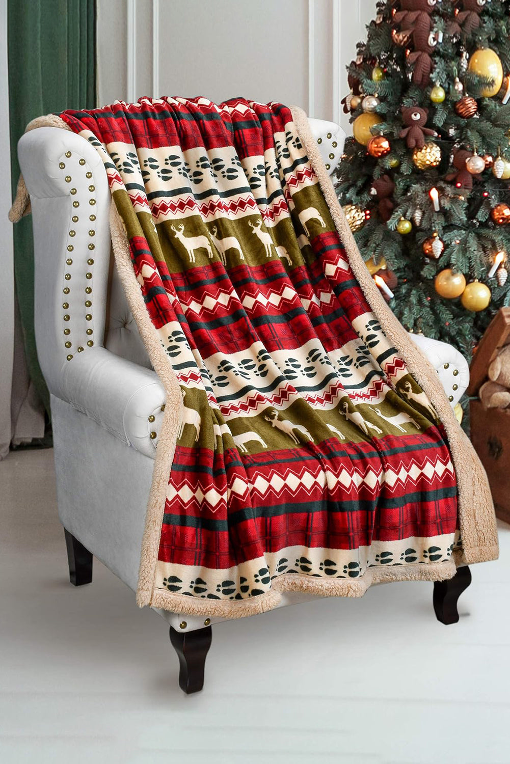 Christmas Elk Print Reversible Sherpa Fleece Blanket 130*150cm