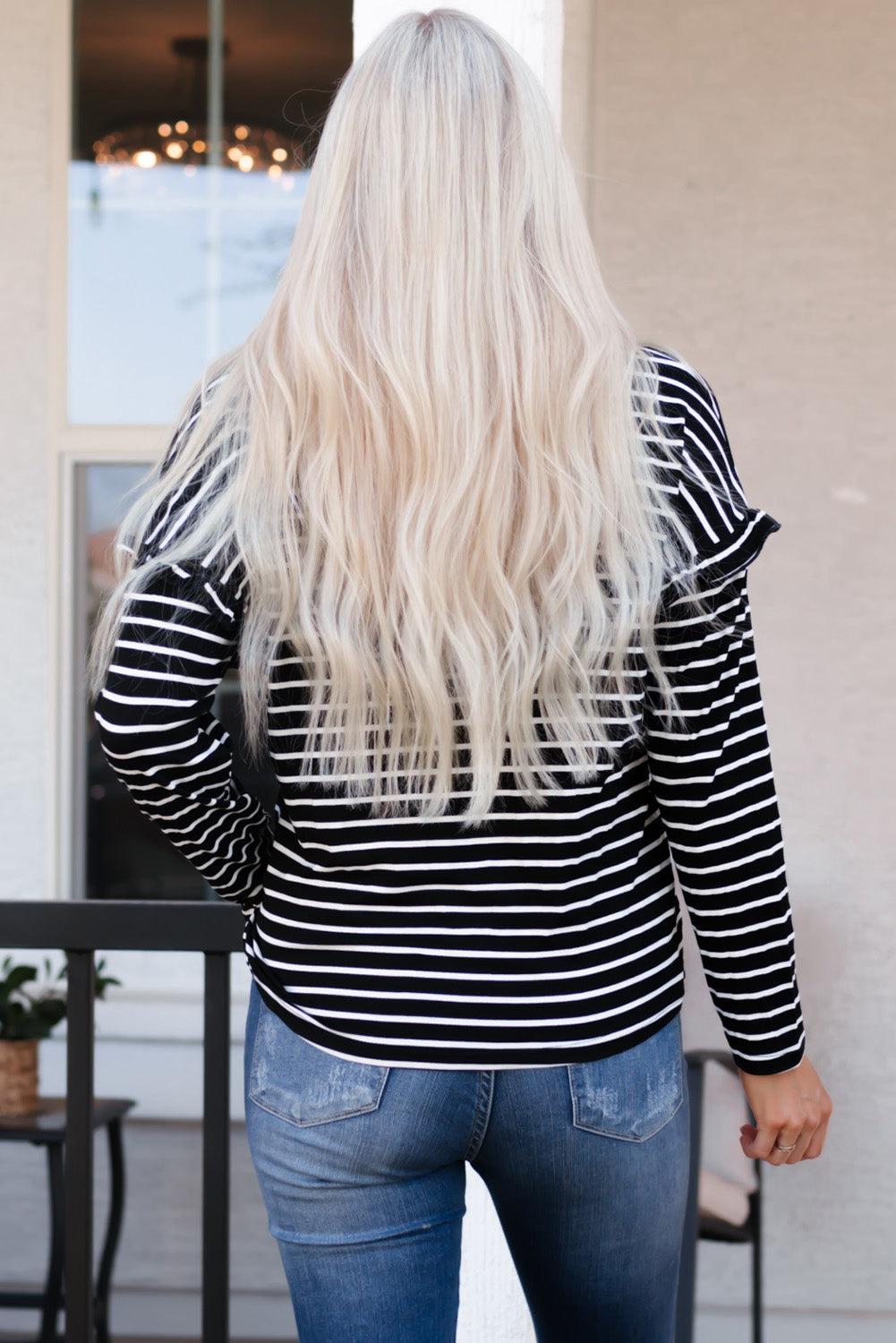 White Striped Print Ruffled Buttoned Long Sleeve Top