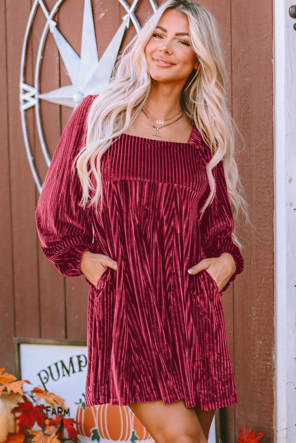 Chestnut Smocked Ribbed Velvet Babydoll Top