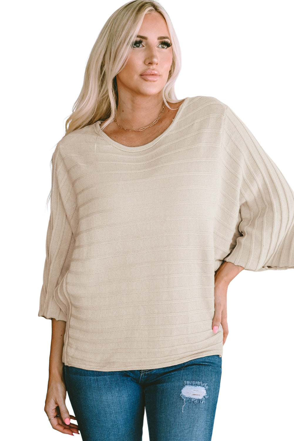 Gray Exposed Seam Ribbed Knit Dolman Top