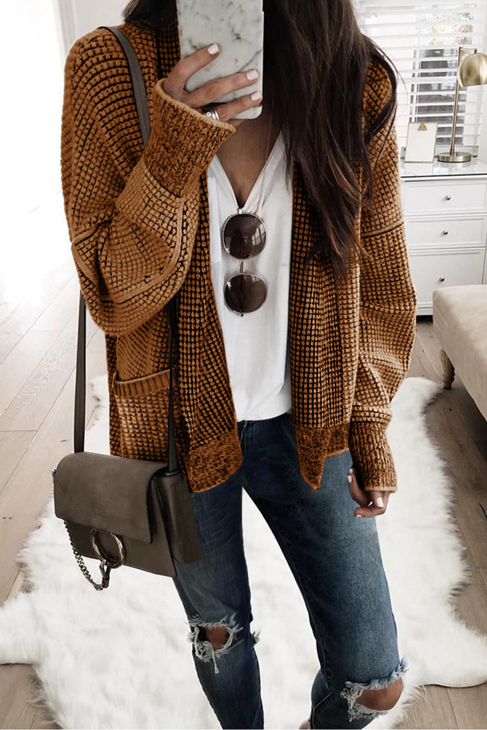 Gray Plaid Knitted Long Open Front Cardigan