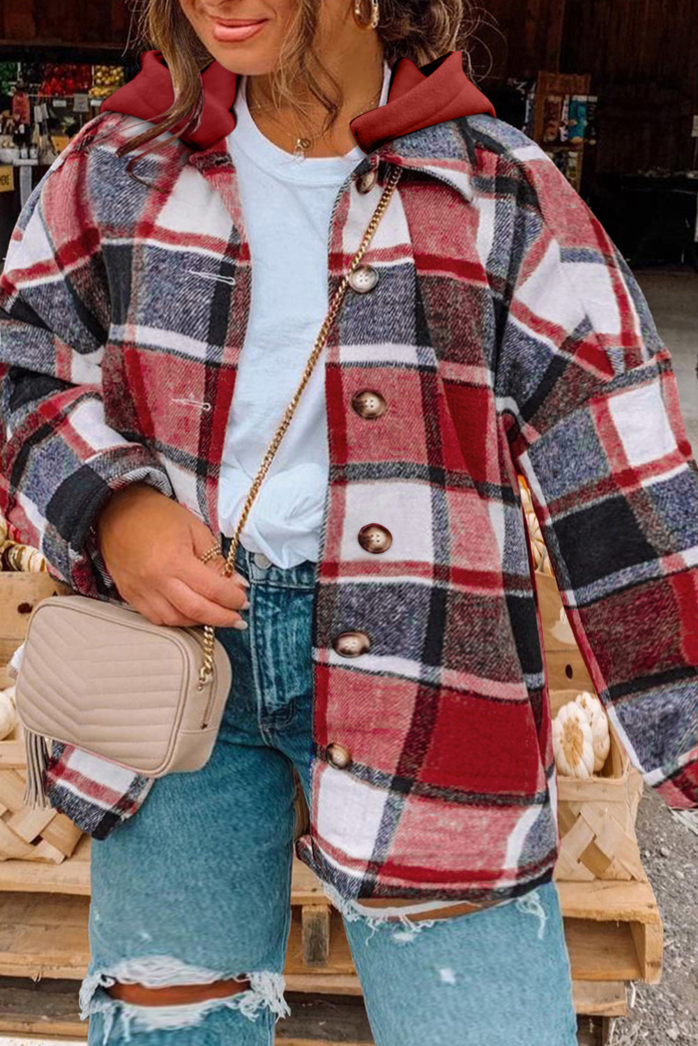 Red Printed Plus Size Plaid Button up Hooded Jacket