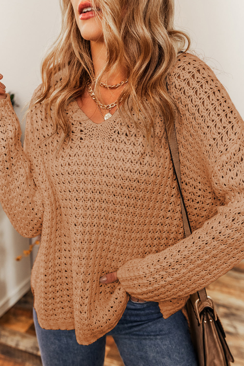Light French Beige Hollow-out Crochet V Neck Sweater