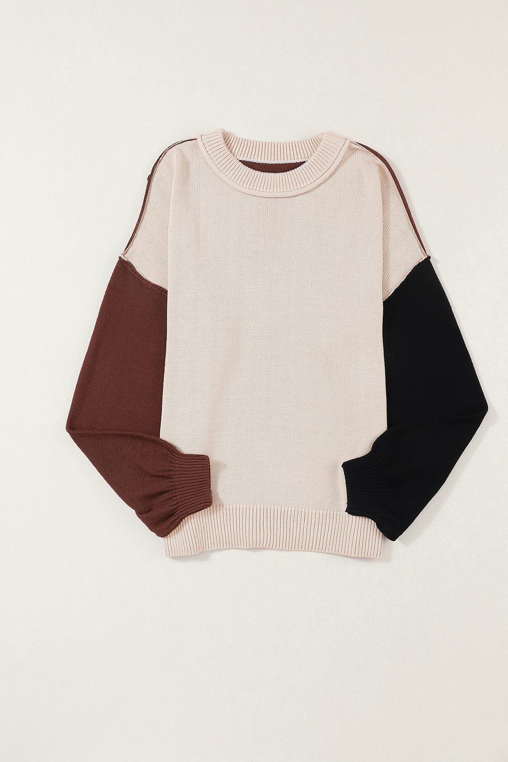 Gray Colorblock Bishop Sleeve Ribbed Trim Sweater