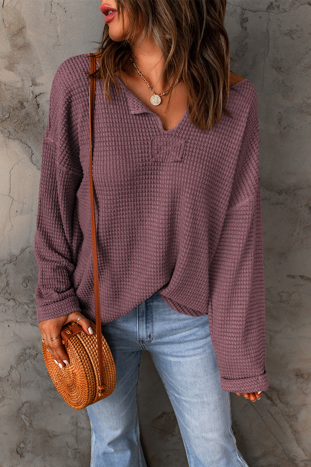 Dusk Blue Waffle Knit Loose Long Sleeve Top