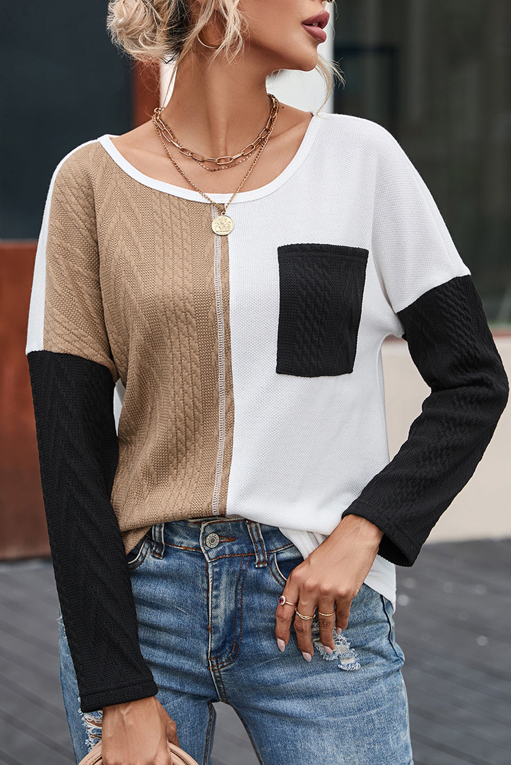 Orange Long Sleeve Colorblock Chest Pocket Textured Knit Top