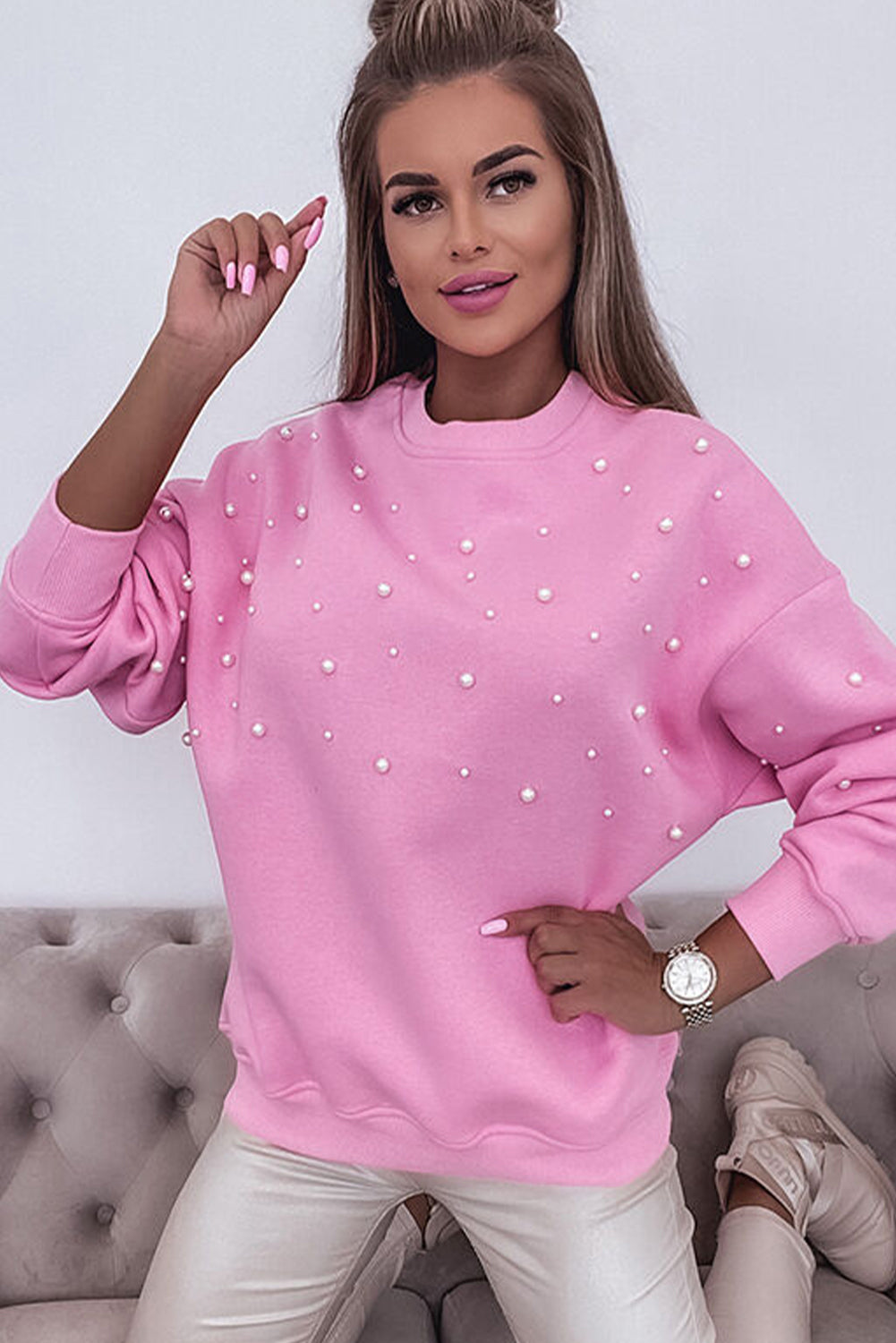 Bonbon Pearl Detail Ribbed Crew Neck Sweatshirt