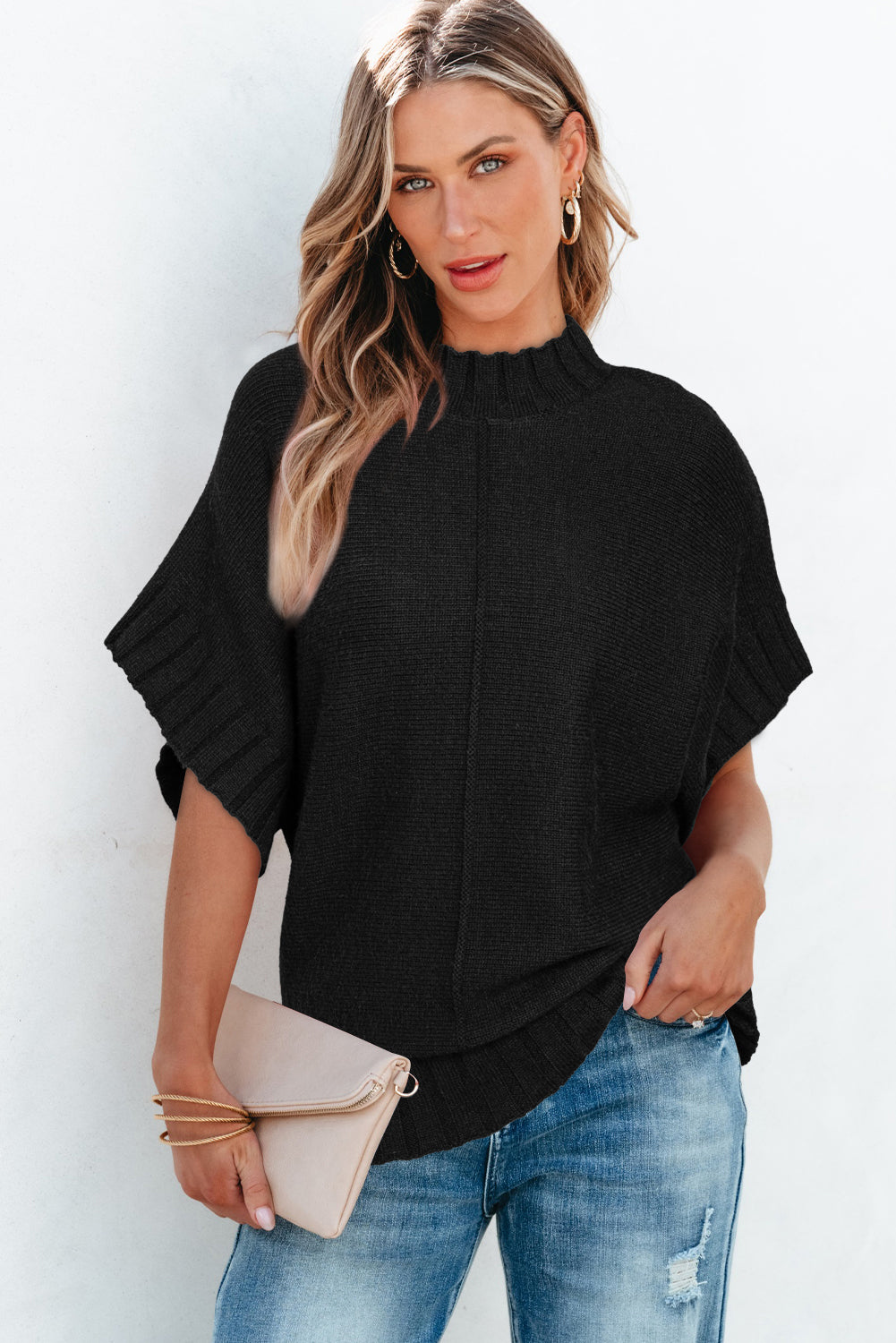 Desert Palm Mock Neck Batwing Short Sleeve Knit Sweater