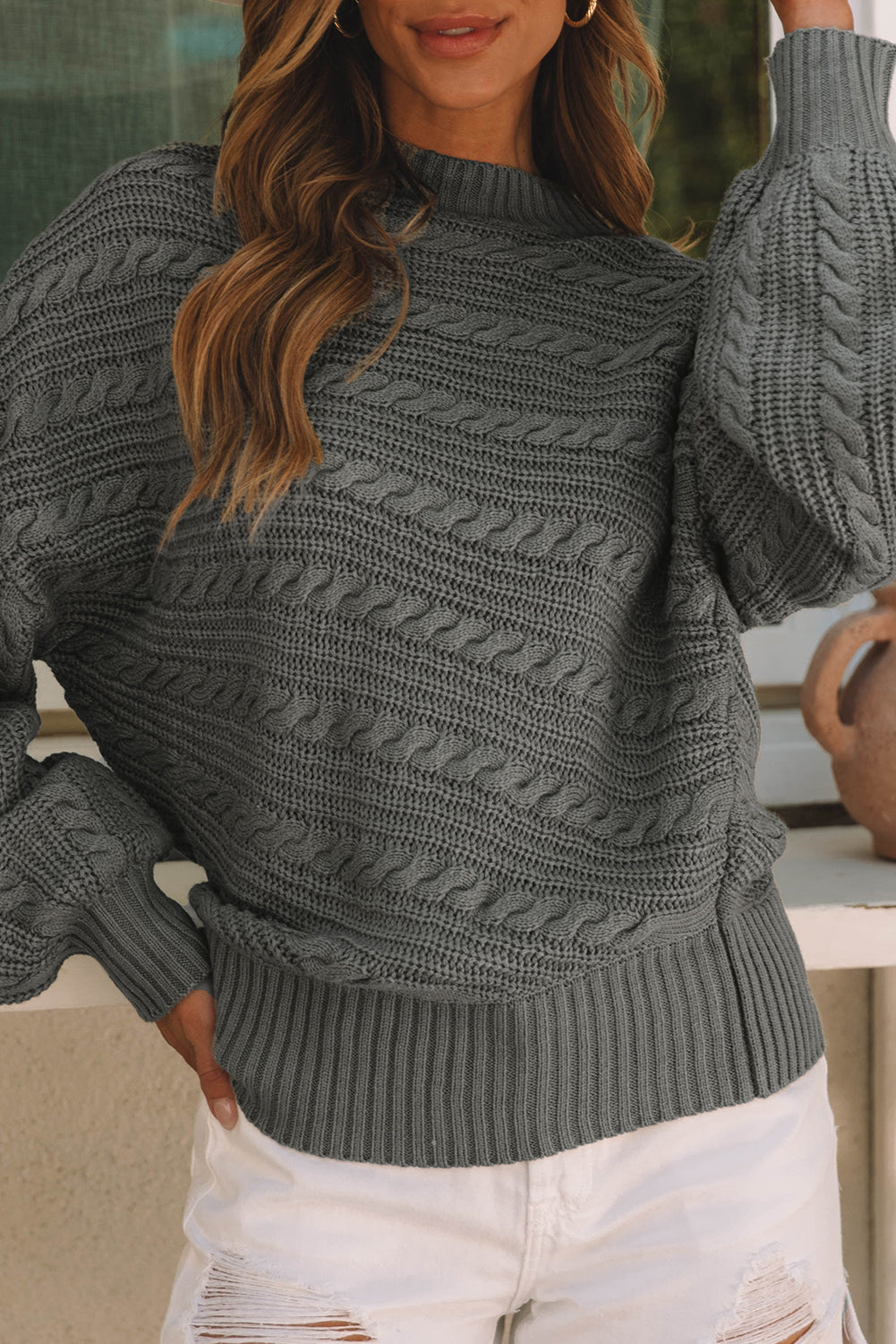 Blackish Green Mock Neck Lantern Sleeve Cable Knit Sweater