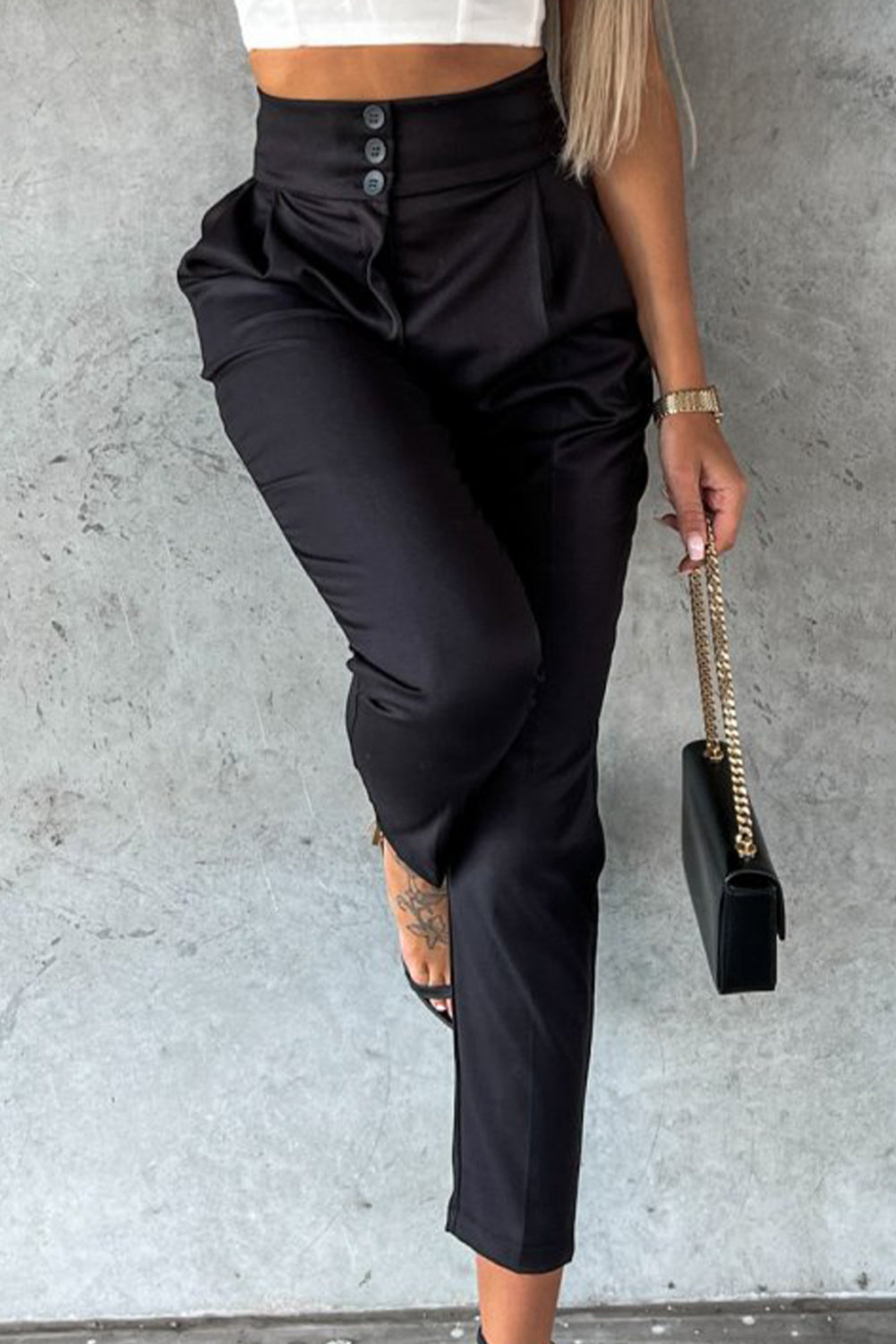 Black Button High Waist Tapered Pants