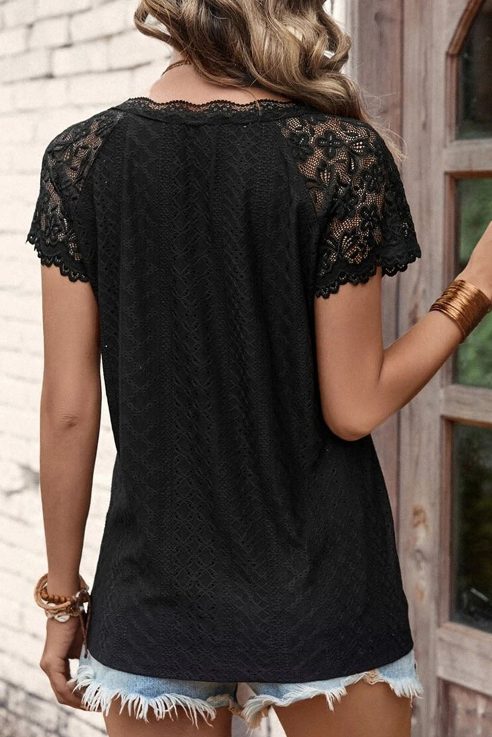 Black Lace Short-Sleeve Scalloped V-Neck Top