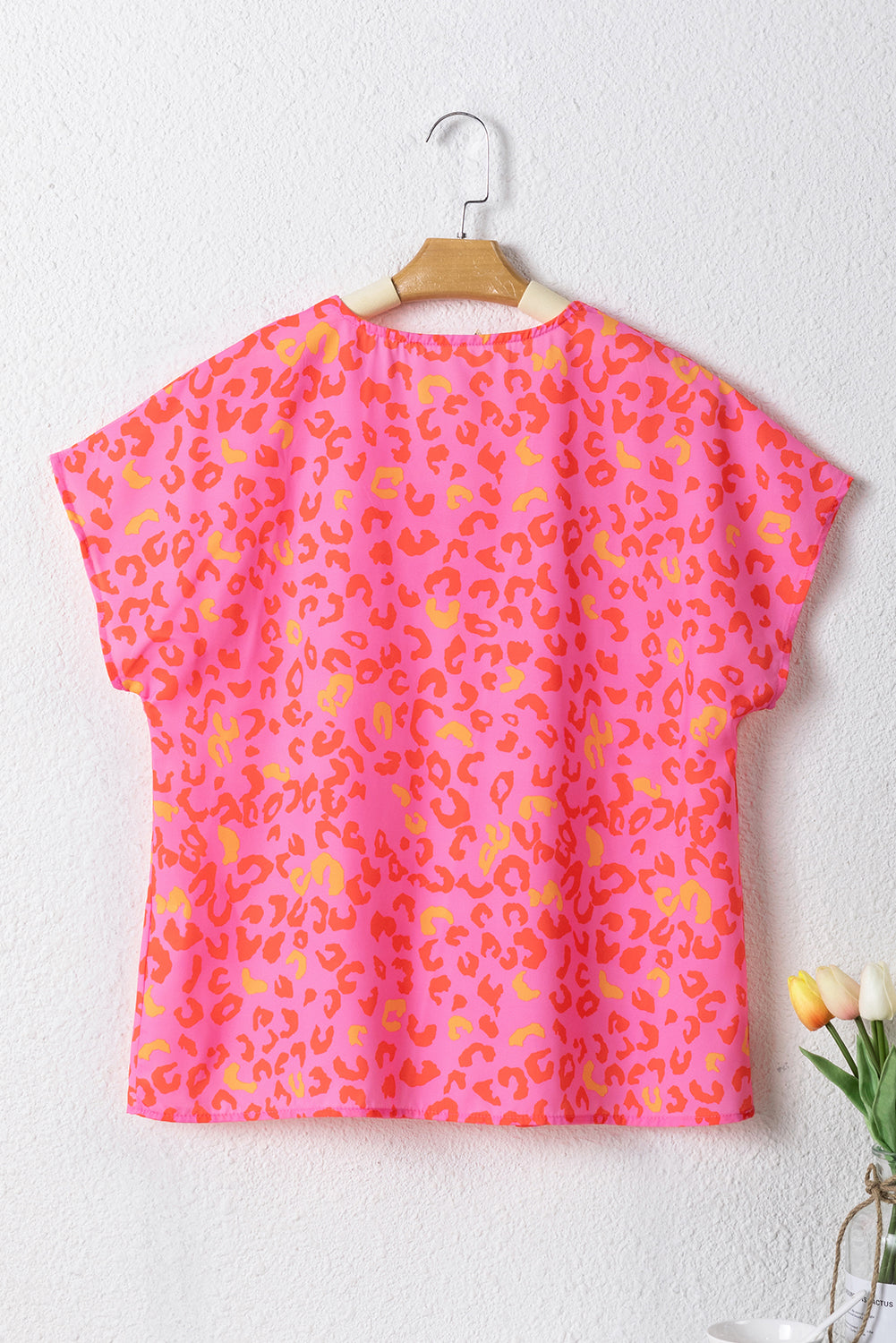 Pink Leopard V Neck Short Sleeve Blouse