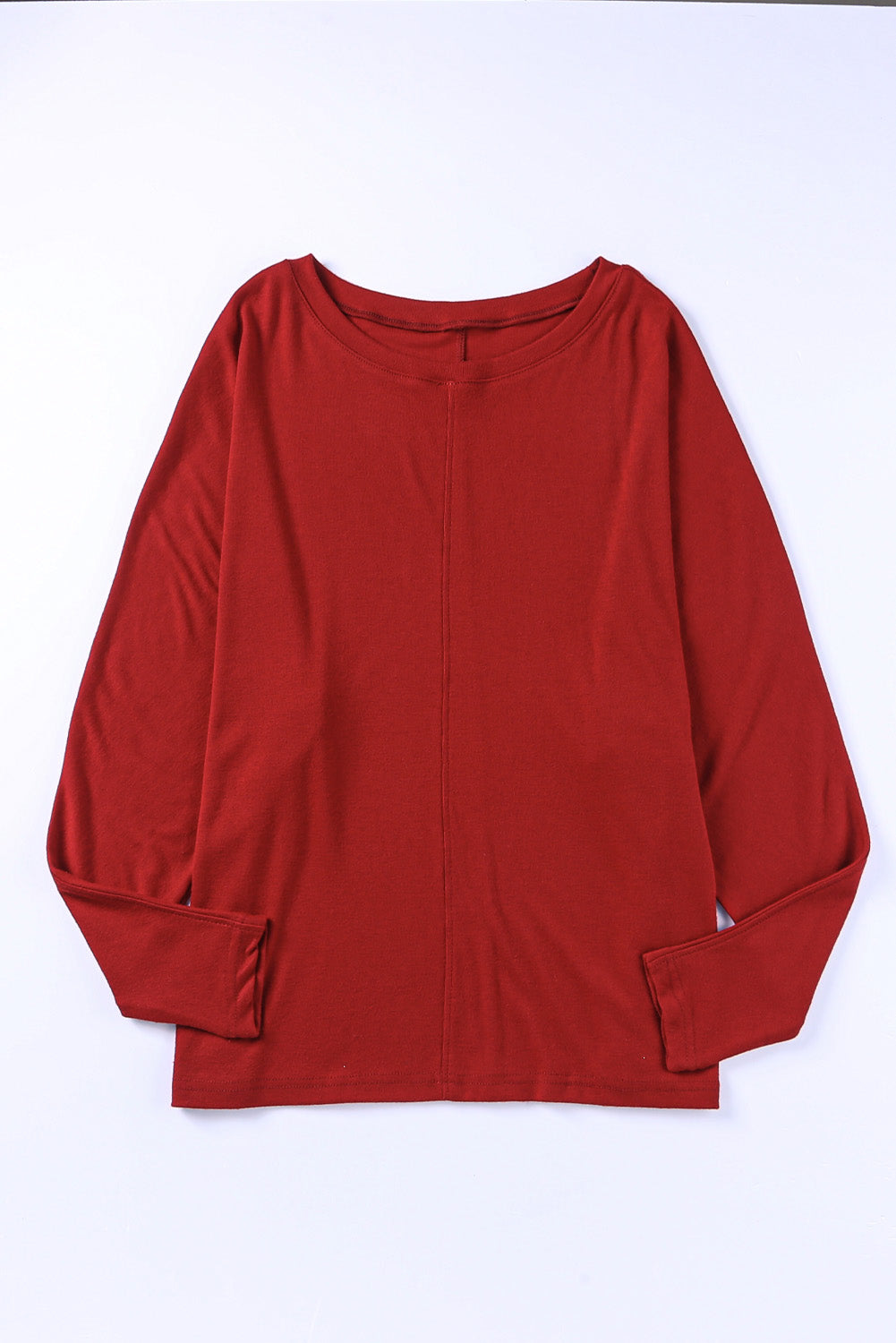 Red Sandalwood V Neck Center Seam Long Sleeve Tee