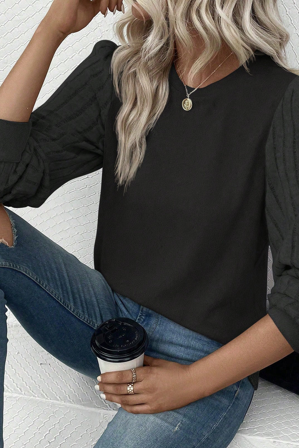 Gray Ribbed Splicing Sleeve Round Neck T-shirt