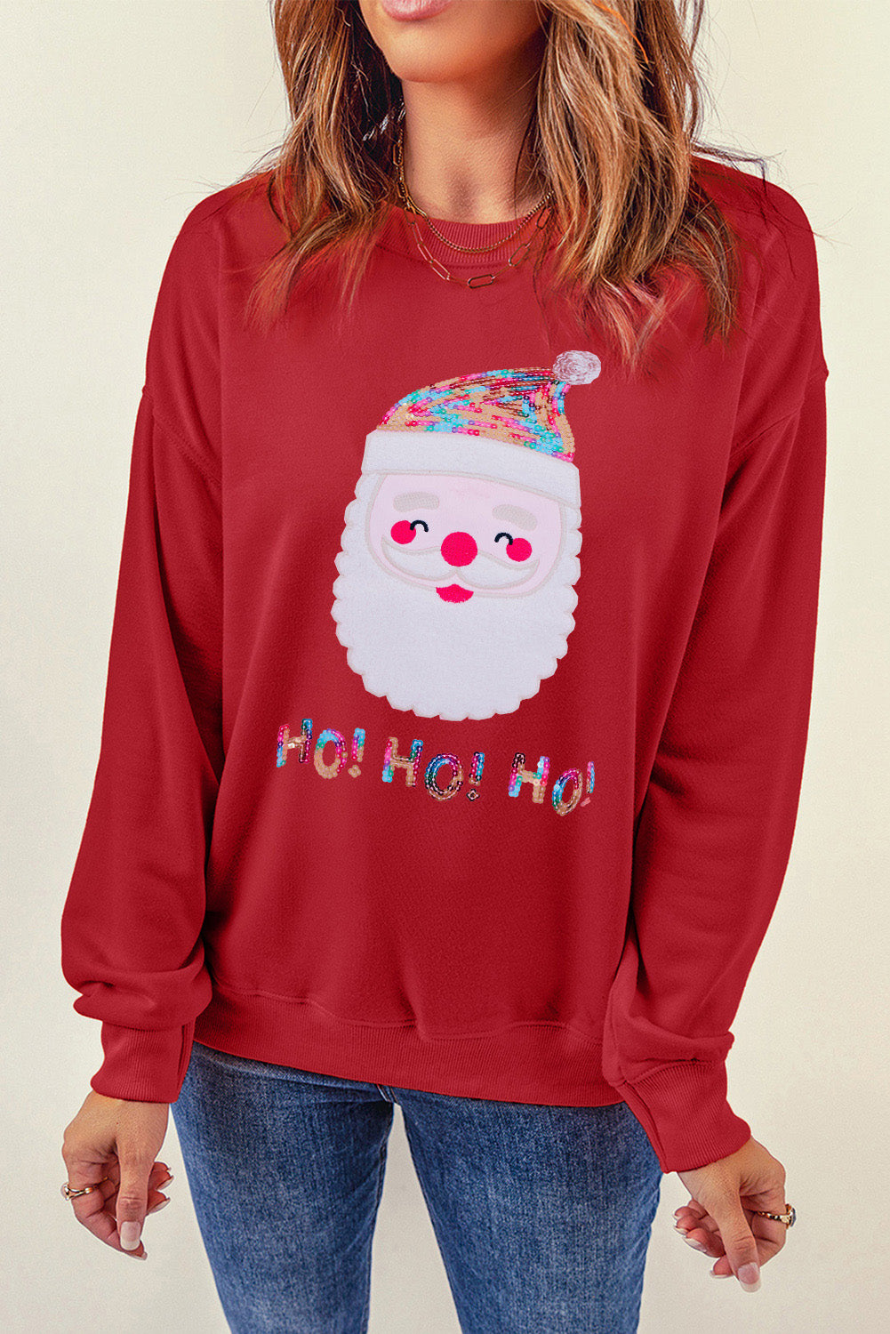 Red Christmas Santa Claus Print Drop Shoulder Sweatshirt