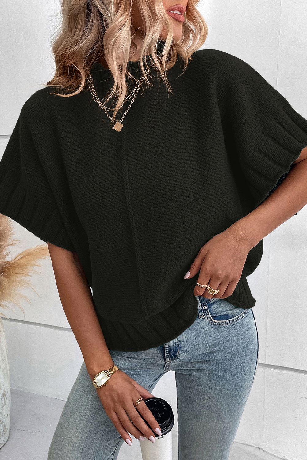 Desert Palm Mock Neck Batwing Short Sleeve Knit Sweater