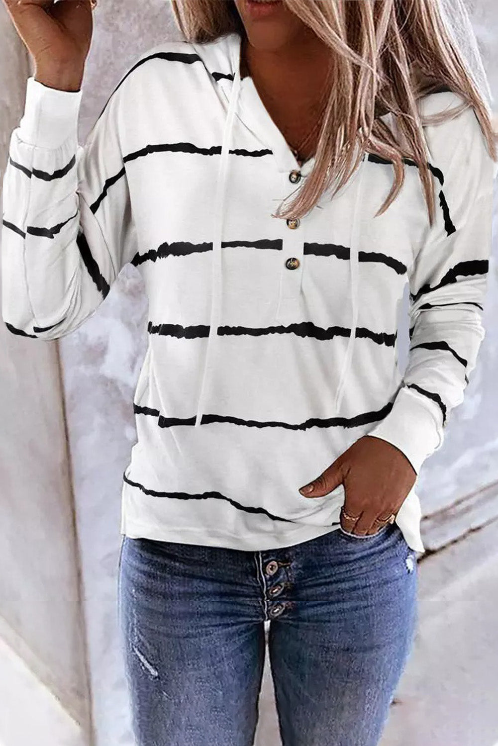 Black Striped Drawstring Button Long Sleeve Hoodie