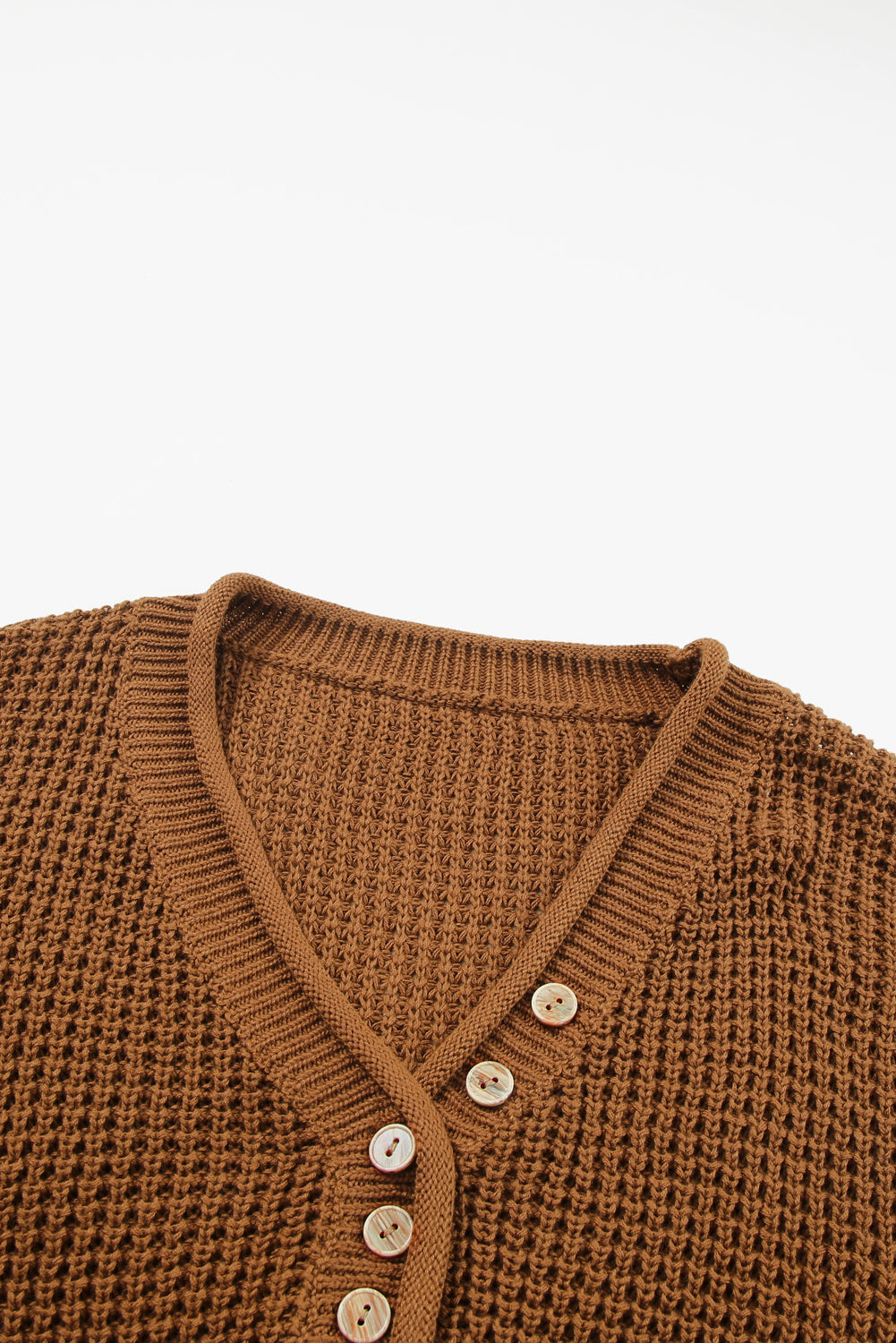 Coffee Pointelle Knit Button V Neck Drop Shoulder Sweater