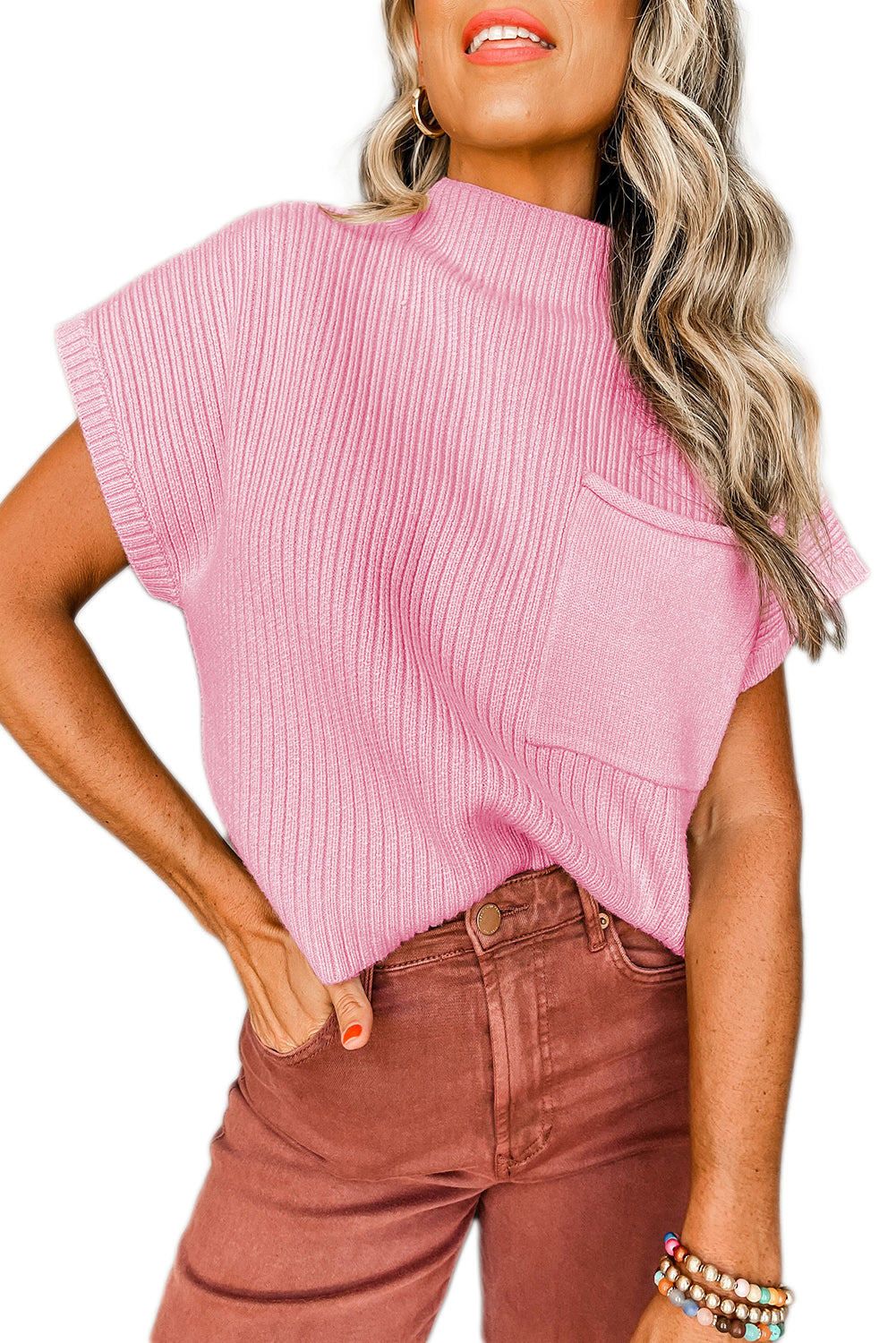 Apricot Ribbed V Neck Patched Chest Pocket Knit T-shirt