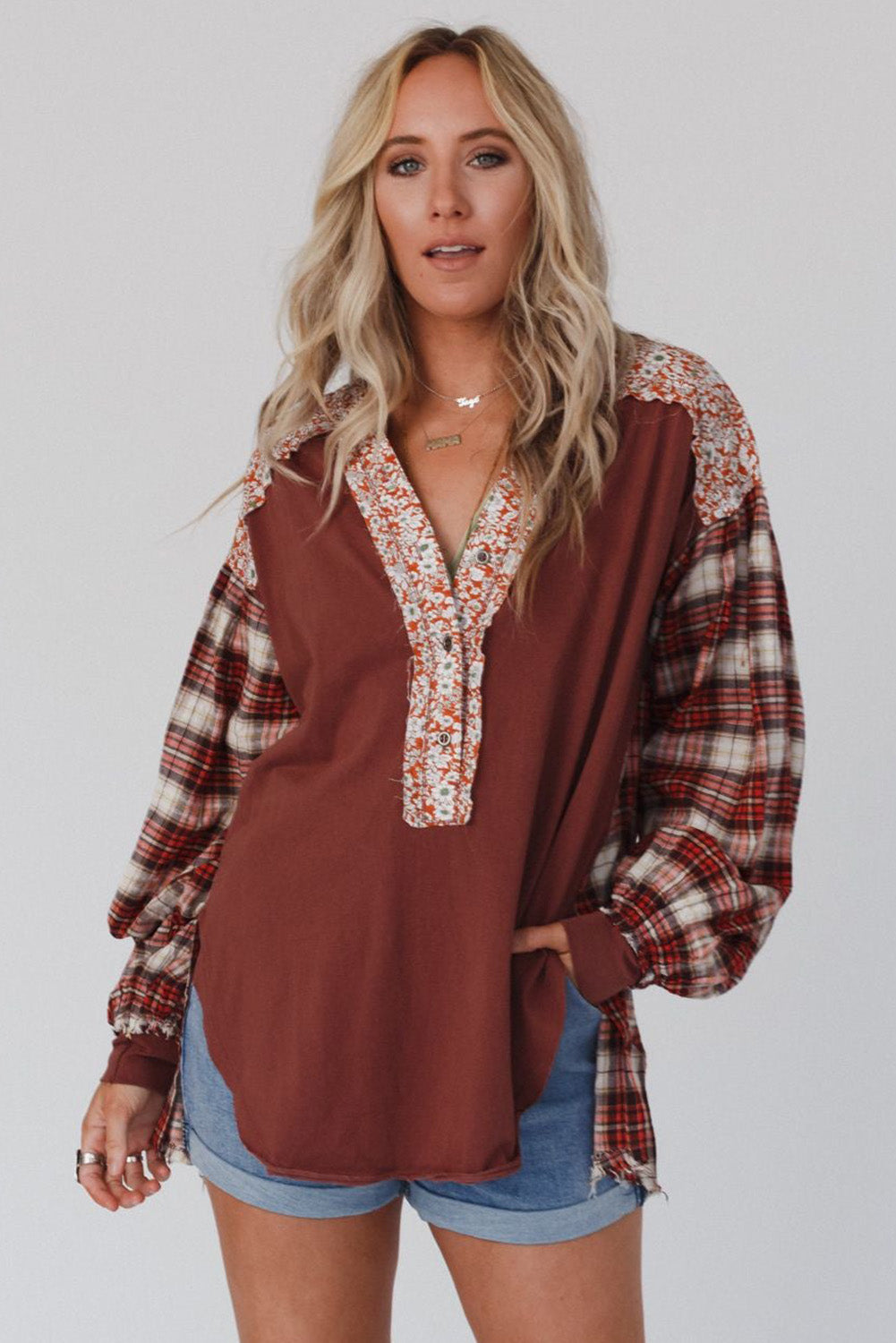 Red Dahlia Mixed Print Half Buttons Plus Size Pullover Top