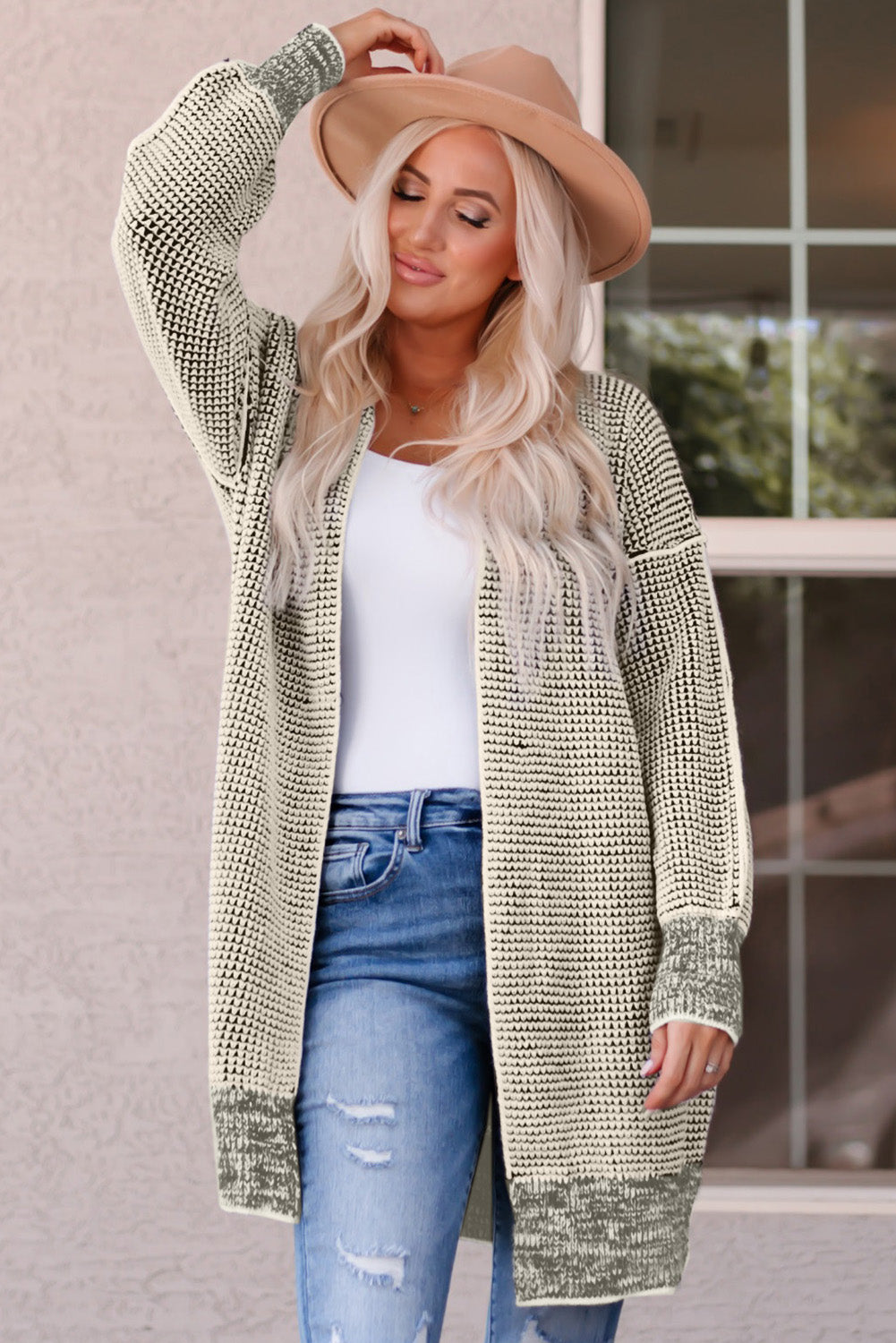 Gray Plaid Knitted Long Open Front Cardigan