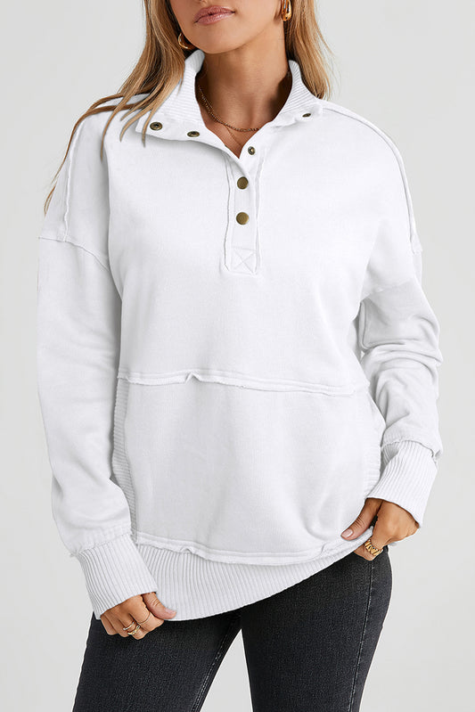 Gray Ribbed Hem Snap Button Neckline Sweatshirt with Pocket