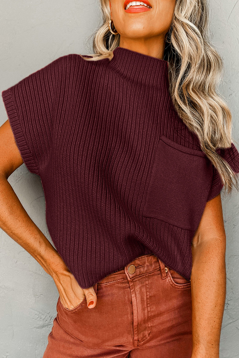 Apricot Ribbed V Neck Patched Chest Pocket Knit T-shirt