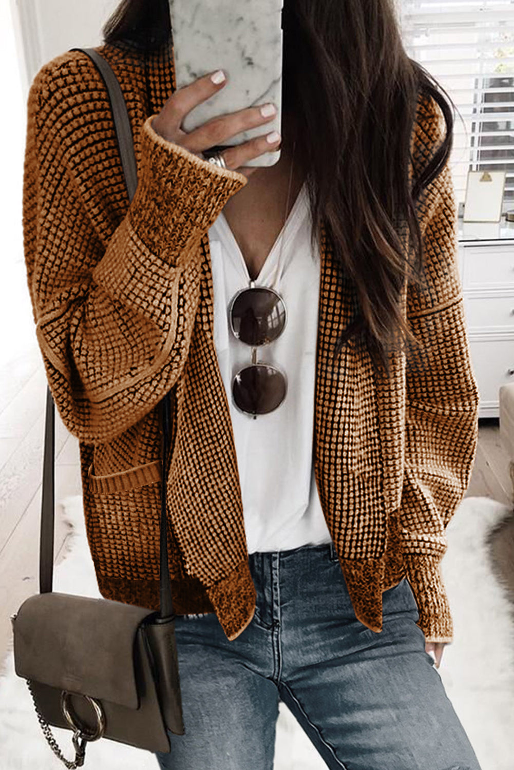 Gray Plaid Knitted Long Open Front Cardigan