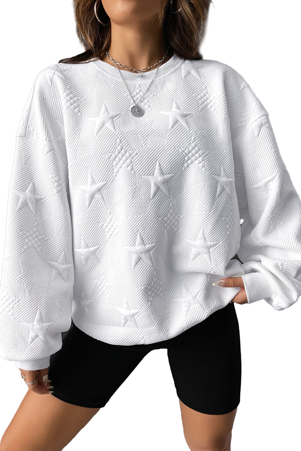 Black Star Embossed Textured Drop Shoulder Sweatshirt