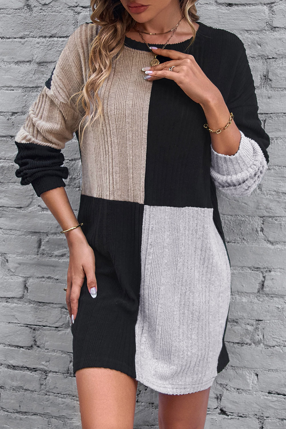 Black Colorblock Textured Knit Top