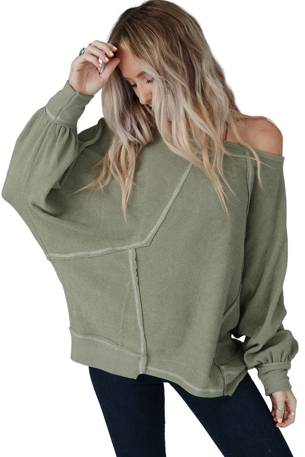 Green Exposed Seam Patchwork Dolman Sleeve Top