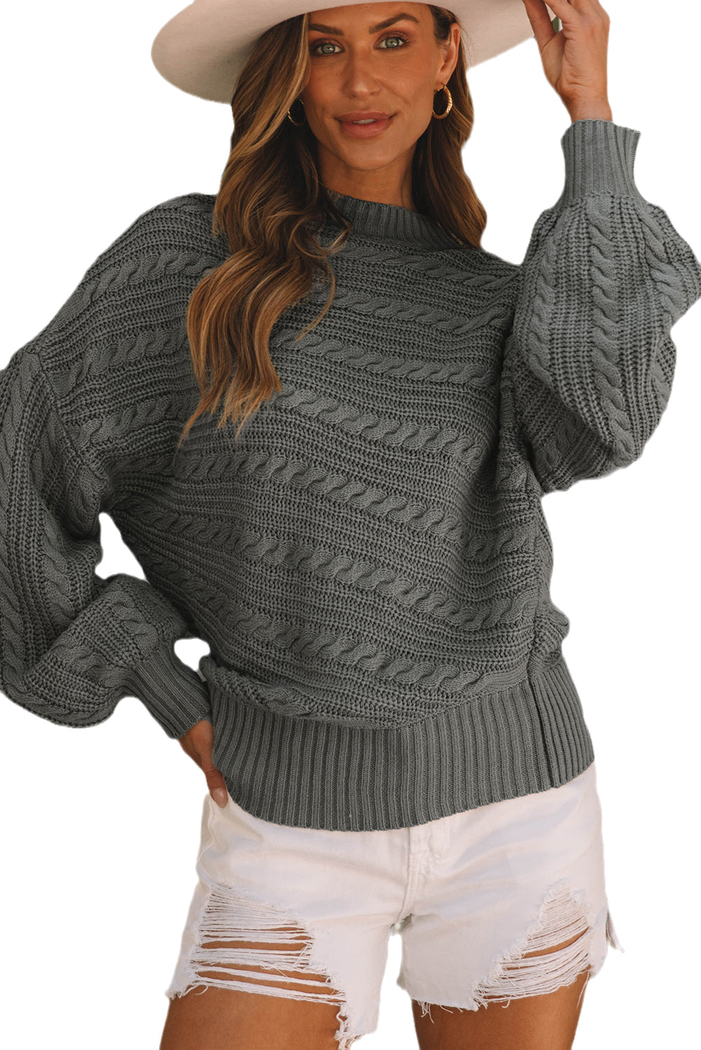 Blackish Green Mock Neck Lantern Sleeve Cable Knit Sweater