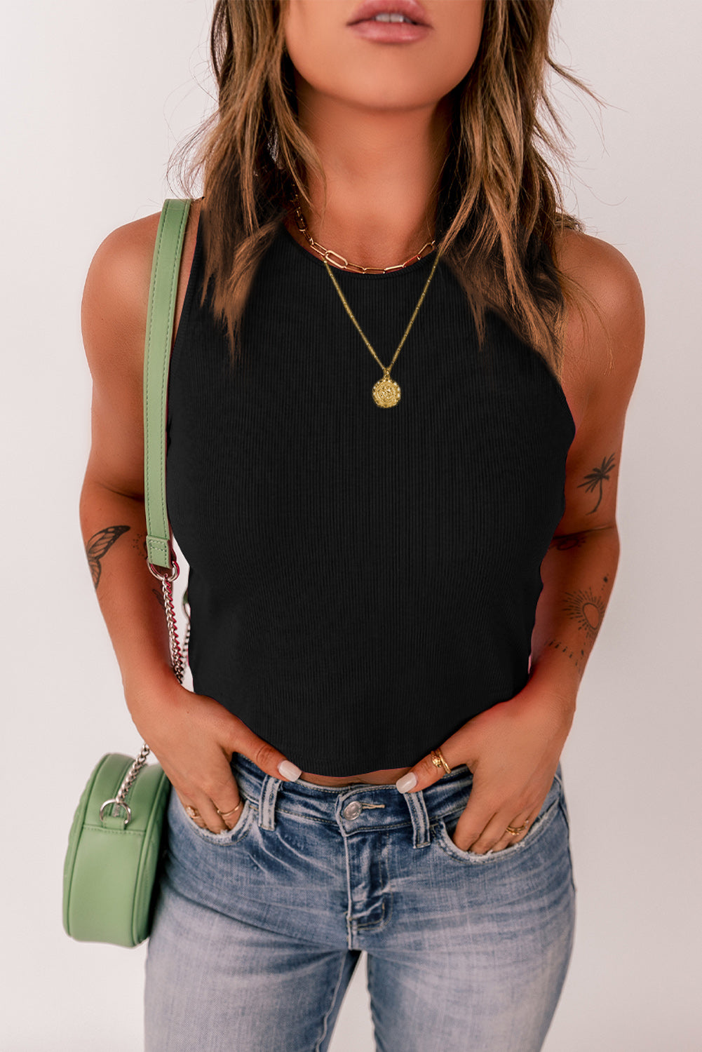 Gray Rib Knit Crew Neck Sleeveless Crop Top